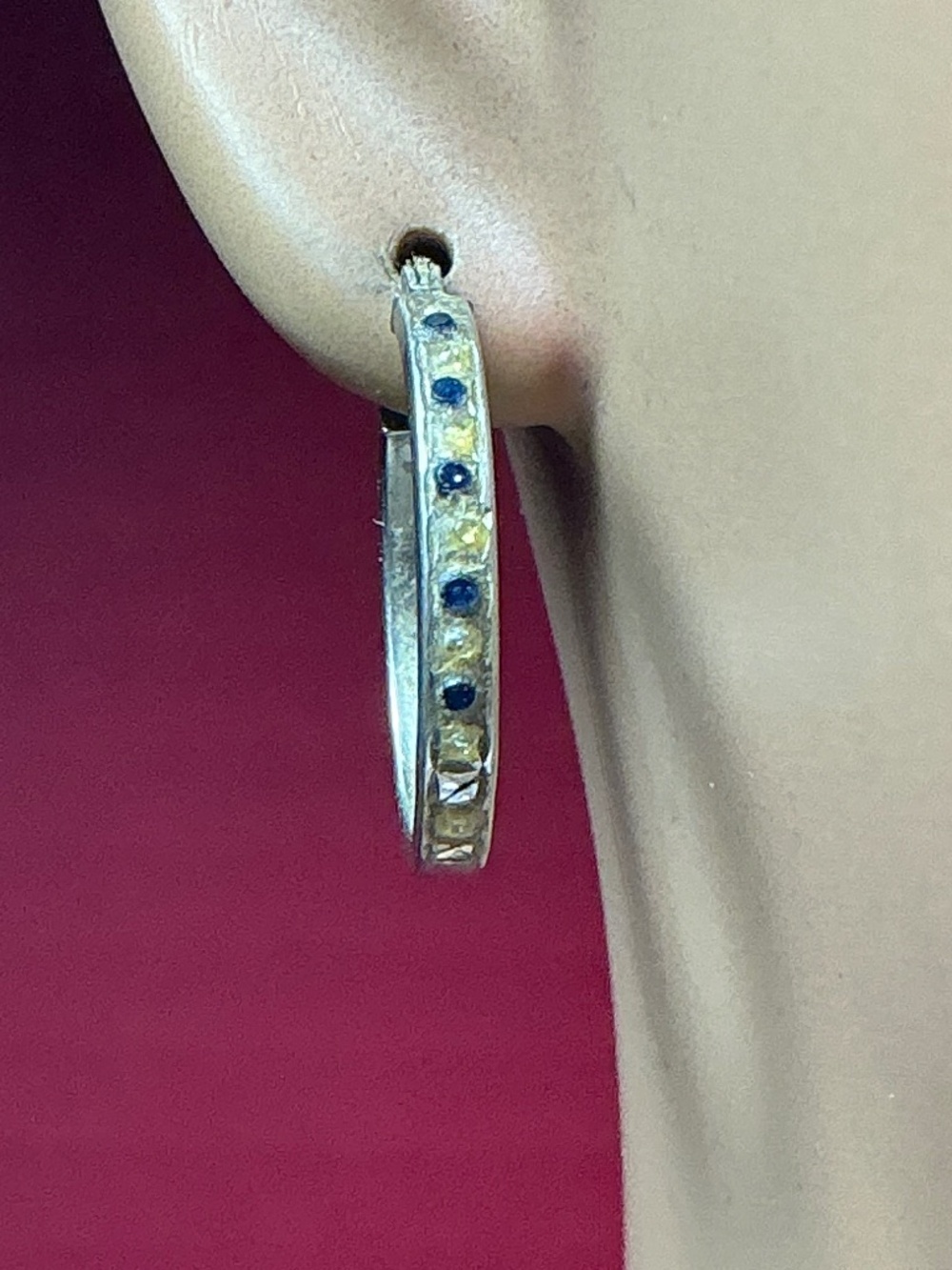 SLC Sterling Signed Multi Stone Hoop Earrings. 7/8 Inch diameter